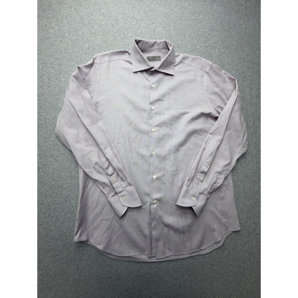 Canali Dress Shirt Mens 17 Purple Check Regular Fit Cotton Long Sleeve Italy